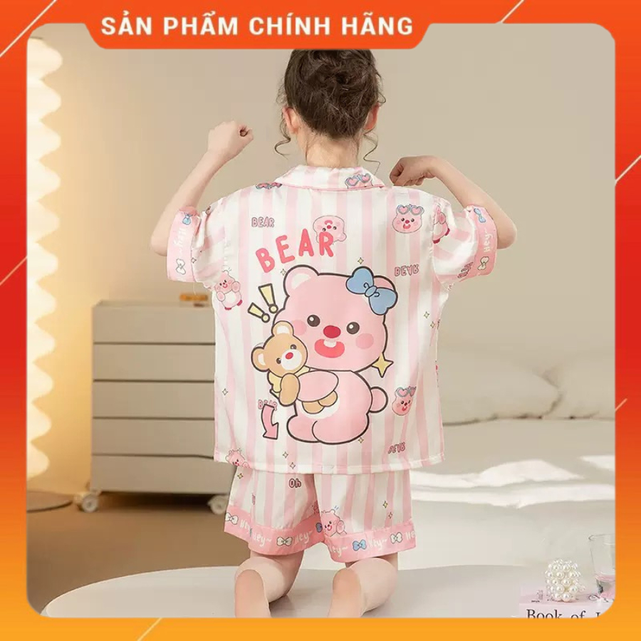 [13-48 kg] Bộ đồ ngủ lụa trẻ em cao cấp - Bộ bé gái mùa hè ngắn tay hoạ tiết 3D đáng yêu