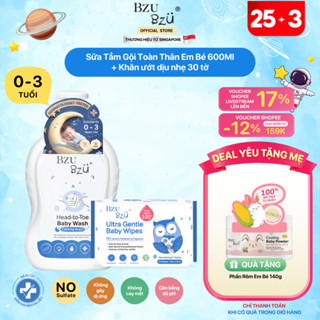 [KOL] Combo Sữa Tắm Gội Toàn Thân Em Bé BZU BZU Head to Toe Wash Dịu Nhẹ 600ml + Khăn Ướt Không Mùi 30 tờ