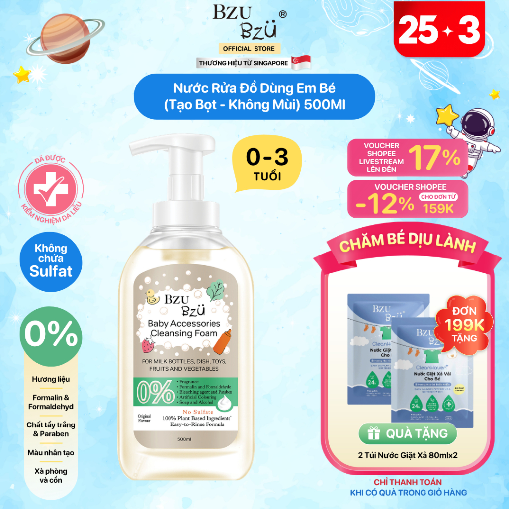Nước Rửa Bình Sữa Và Đồ Dùng Em Bé BZU BZU Cleansing Foam Tạo Bọt, Thành Phần Thực Vật Chai 500ml