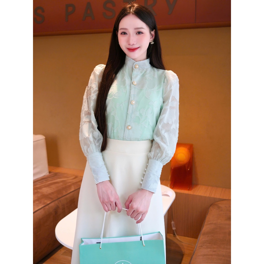 ADELINE HOUSE- Áo kiểu cổ tàu thêu- Xanh TK162.5