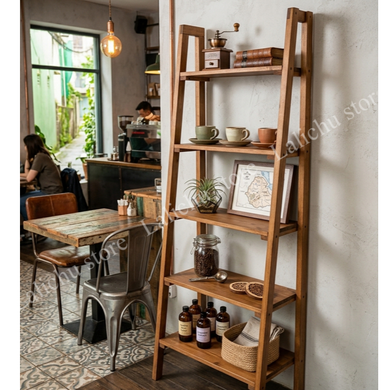Kệ Trang Trí Bằng Gỗ 5 Tầng Tựa Tường Kệ Để Đồ Decor Quán Cafe Homestay