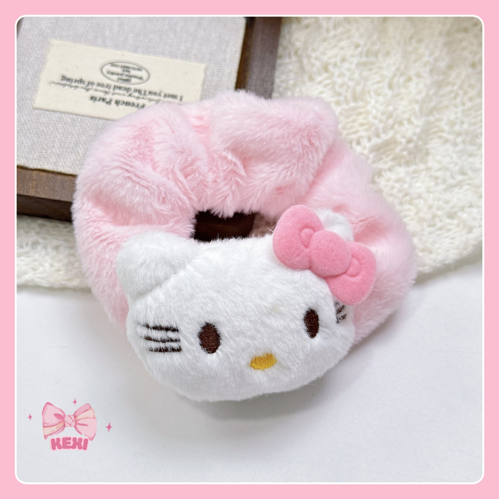 Dây buộc tóc Scrunchies Hello Kitty lông xù mềm mại, chun tóc hình mèo Kitty hồng cực xinh 🎀