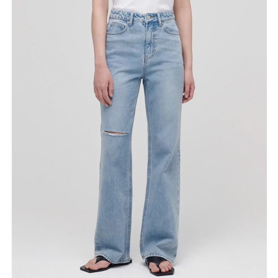 Quần Jean Quần Bò Nữ MUSINSA Ống Đứng, Cạp Vừa, Rách Gối - Xanh Nhạt Light Indigo - Slash Loose Stra