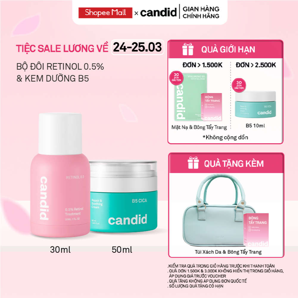 Bộ Đôi Hỗ Trợ Cải Thiện Và Phục Hồi Làn Da Candid Retinol 0.5% 30ml & Kem Dưỡng B5 Cica 50ml