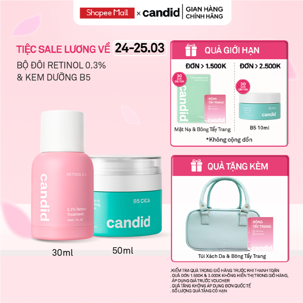 Bộ Đôi Hỗ Trợ Cải Thiện Và Phục Hồi Làn Da Candid Retinol 0.3 % 30ml & Kem Dưỡng B5 Cica 50ml