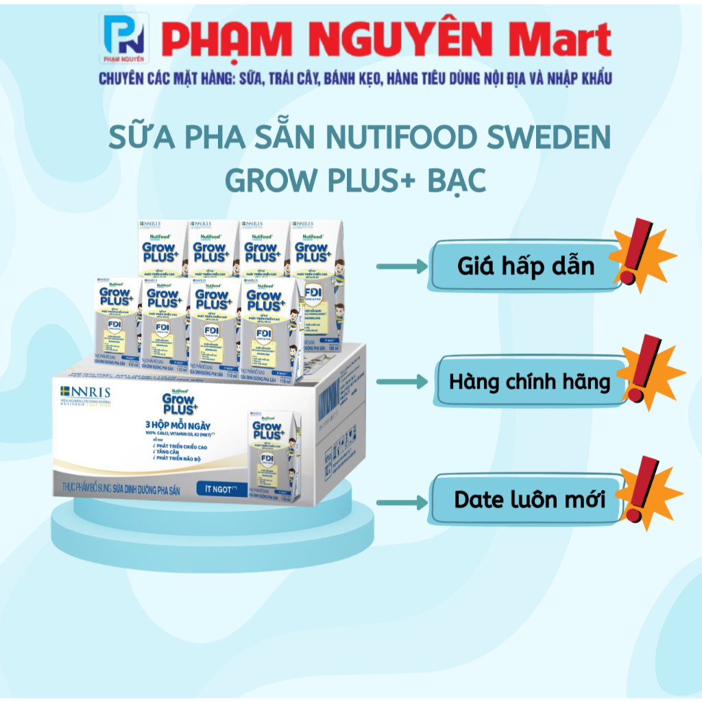 SỮA PHA SẴN NUTIFOOD SWEDEN GROW PLUS + BẠC 110ML / 180ML ( 1 THÙNG 24 HỘP )