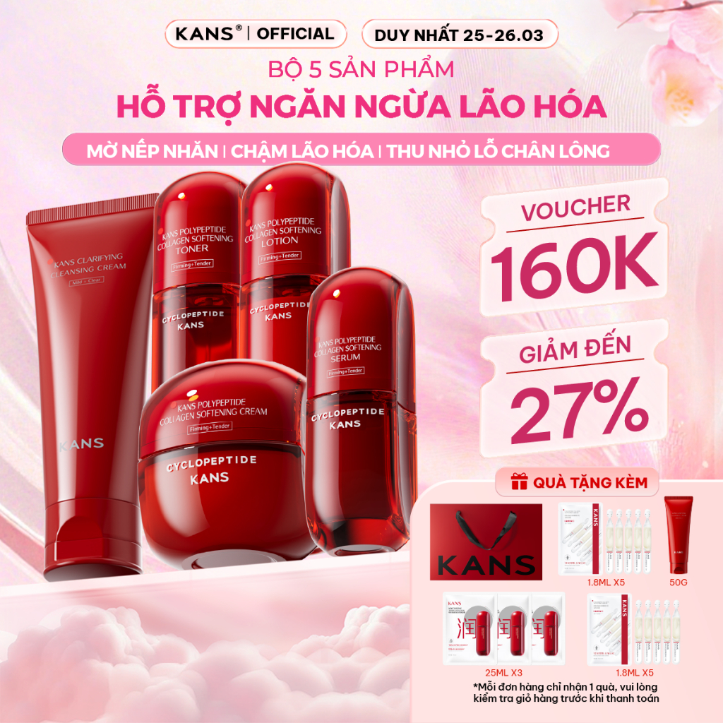 Set Bộ Dưỡng Da Mặt Kans Đỏ Chống Lão Hóa Cấp Ẩm Bổ Sung Collagen Công Nghệ Peptide Kans Chính Hãng