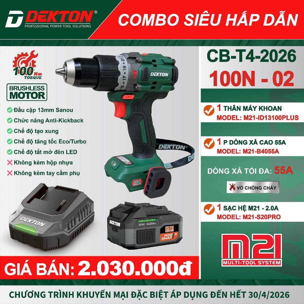 [💥2026] Khoan 100Nm 3 chức năng Dekton M21-ID13100Pro/M21-ID13100Plus, Đầu cặp 13mm