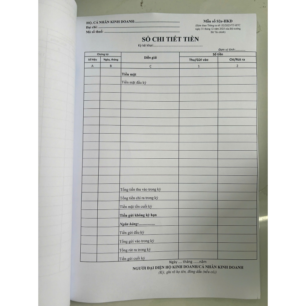 S2e - HKD: SỔ CHI TIẾT TIÊN, Mẫu chuẩn theo thông tư 152/2025/TT-BTC hiệu lực từ 01/01/2026