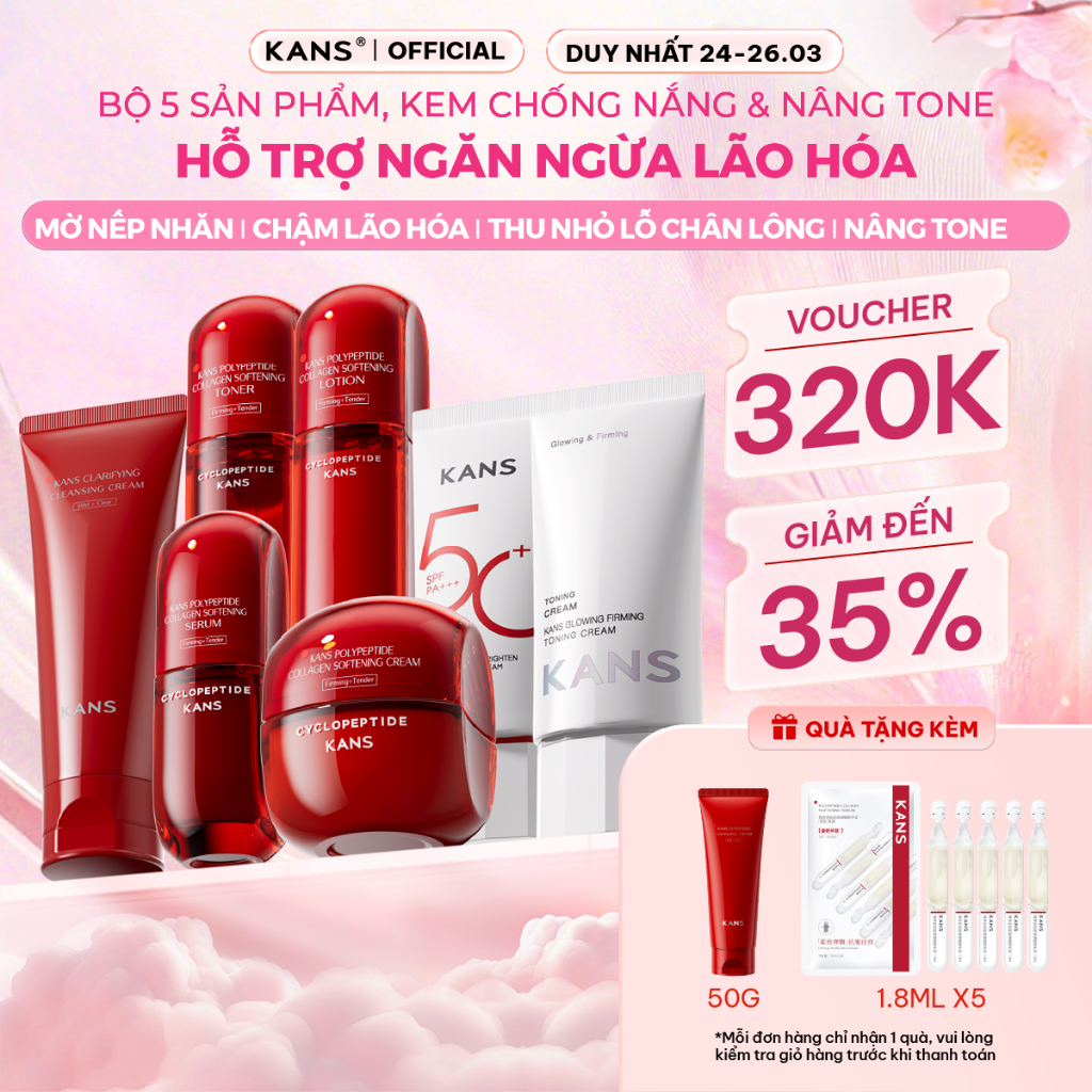 Combo Set Kans Bộ Dưỡng Da Mặt Kans Đỏ Chống Lão Hóa Cấp Ẩm Bổ Sung Collagen, Kem Chống Nắng SPF 50+PA+++, Kem Nâng Tông