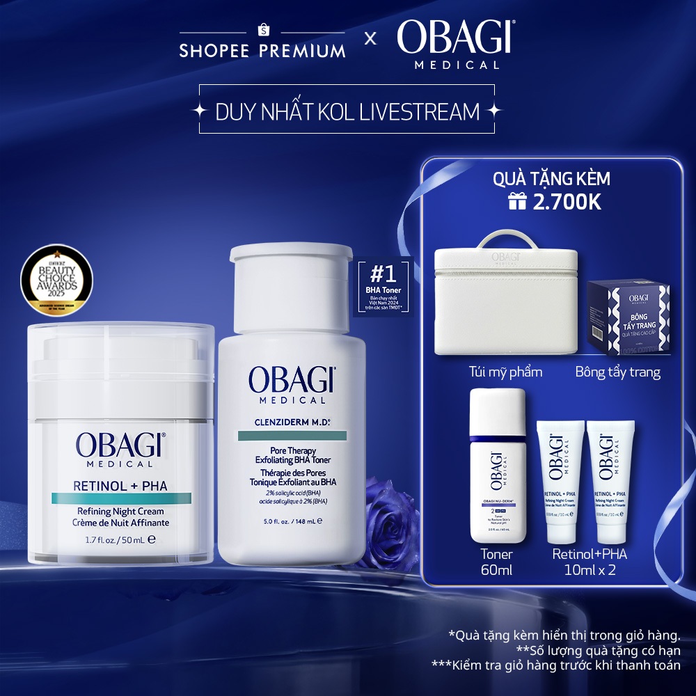 [Obagi-E2E] Bộ đôi Kem dưỡng tái tạo da Retinol + PHA 50ml và Toner Tẩy tế bào chết BHA 148ml