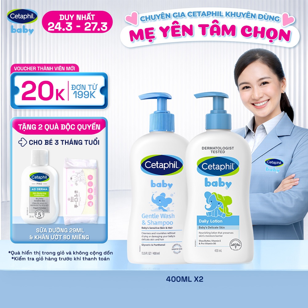 [LIVE] Combo Sữa tắm gội Cetaphil Baby Gentle Wash & Shampoo 400ml + Sữa dưỡng ẩm dịu lành Cetaphil 