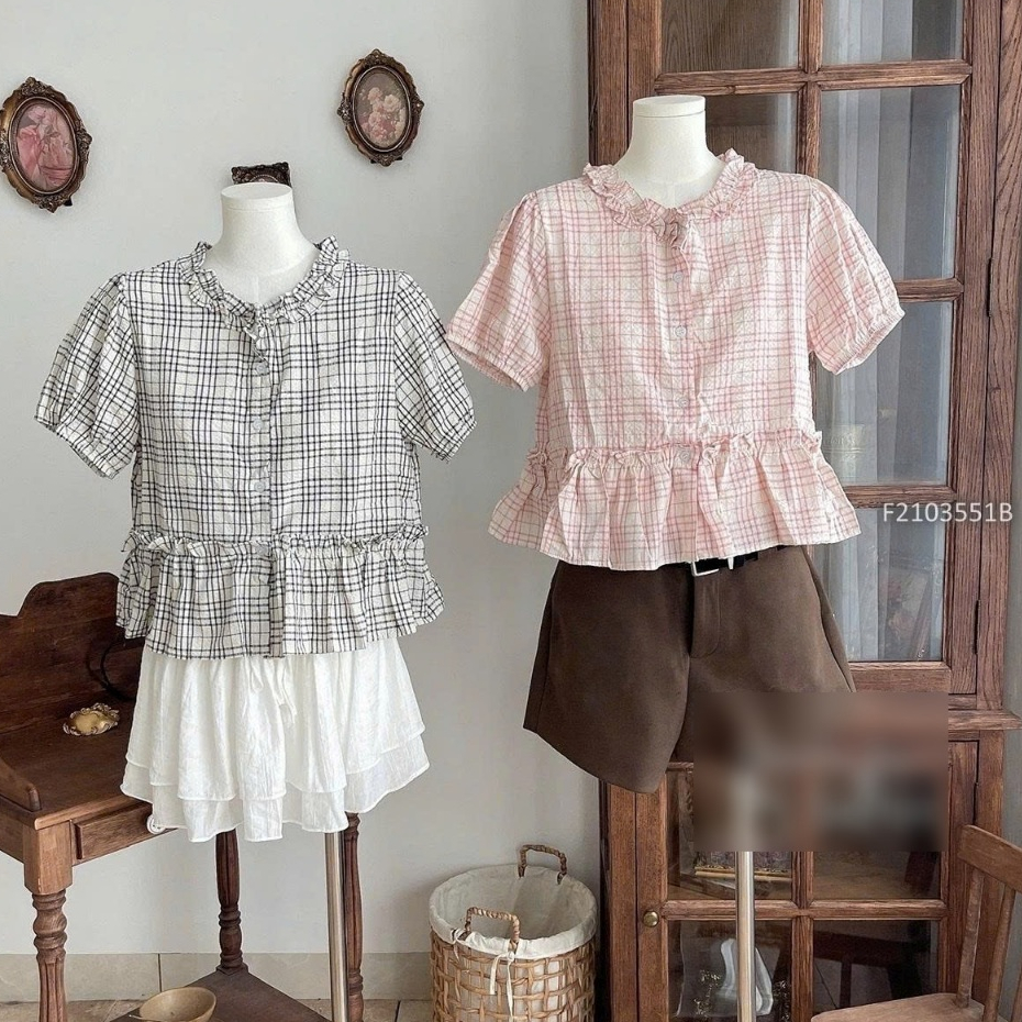 Áo kiểu kẻ cổ viền bèo lai dáng xòe TOMBI SHOP