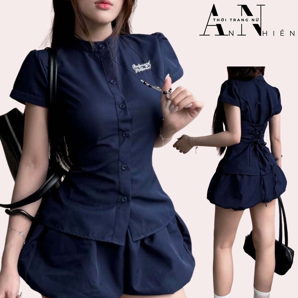 Áo Sơ Mi Nữ Cổ Tàu Tay Ngắn Thêu Chữ Girlfriend Material - Áo Kiểu Nữ Ôm Body Buộc Dây Lưng Phong Cá