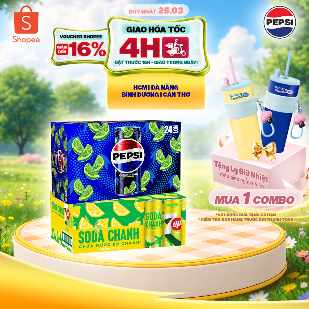 [Hỏa Tốc] Combo 2 Thùng Pepsi Vị Chanh Không Calo và 7UP Soda Chanh Không Calo (320ml/lon)