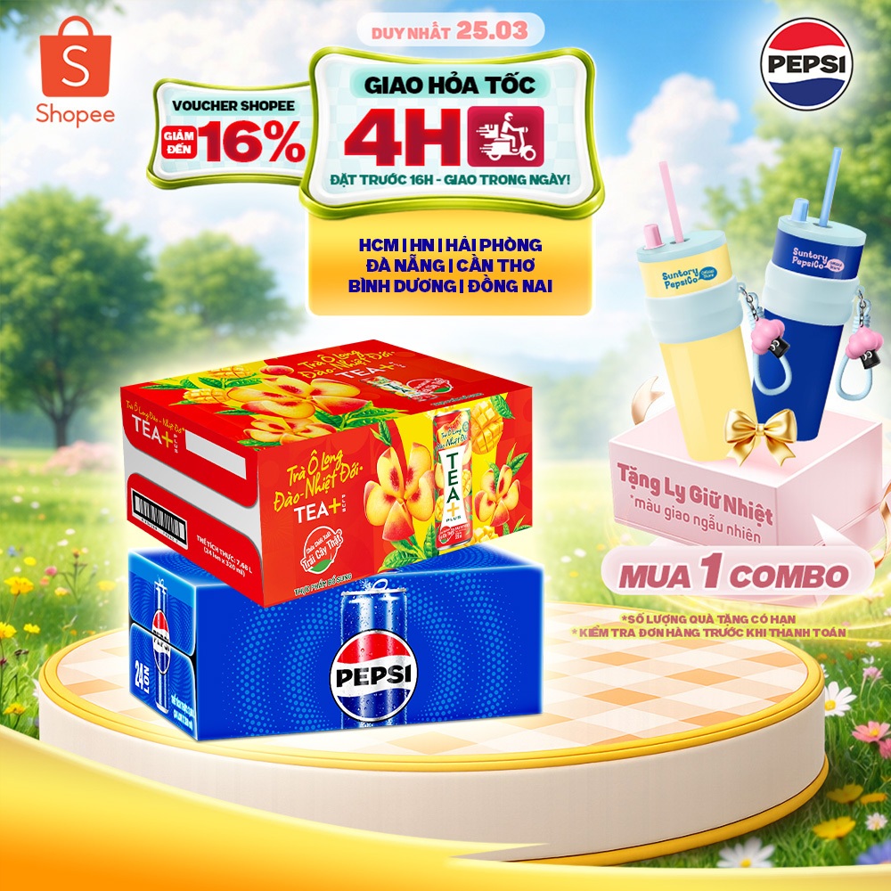 [Hỏa Tốc] Combo 1 Thùng Pepsi và 1 Thùng Trà Ô Long Tea+ Vị Đào Nhiệt đới (320ml hoặc 350ml/lon)