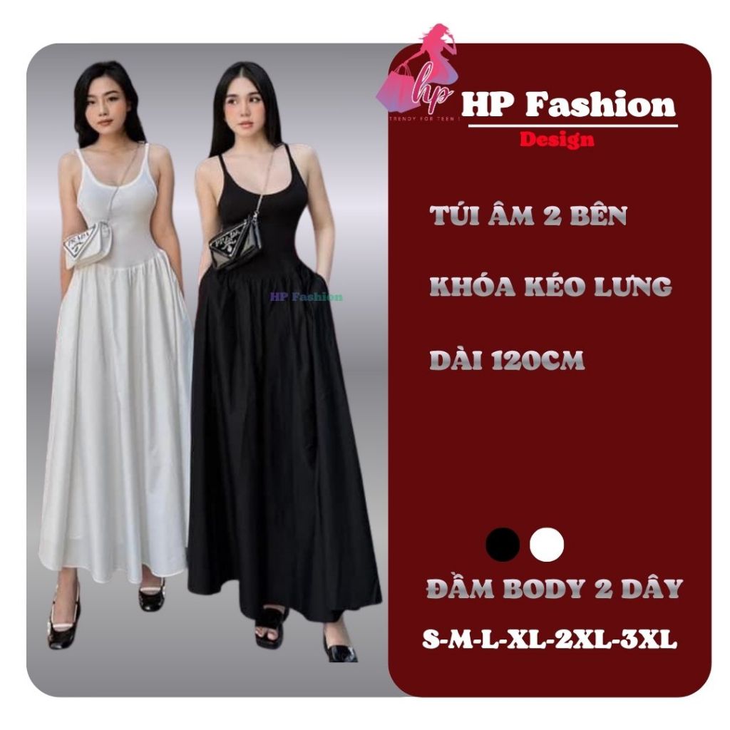Váy nữ body maxi 2 dây thiết kế tùng dáng xòe che bụng có túi, đầm màu đen trắng dài dự tiệc mùa hè đi biển G33