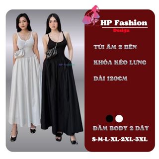 Váy nữ body maxi 2 dây thiết kế tùng dáng xòe che bụng có túi, đầm màu đen trắng dài dự tiệc mùa hè đi biển G33