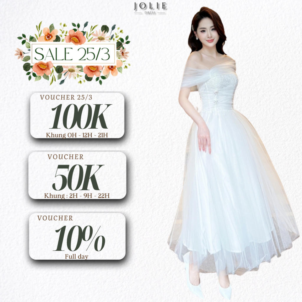 Đầm Cưới Trễ Vai Dáng Dáng JOLIE Thiết Kế Chất Ren Phối Lưới, Đá Đính Eo Siêu Xinh Tôn Dáng T98