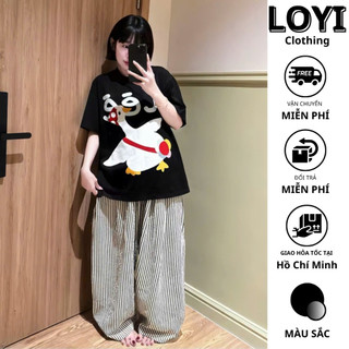 [Hỏa Tốc] Set Đồ Nữ Áo Thun Form Rộng In Hình Vịt + Quần Suông Sọc Ống Rộng – Set Bộ Đồ Nữ Dễ Thương