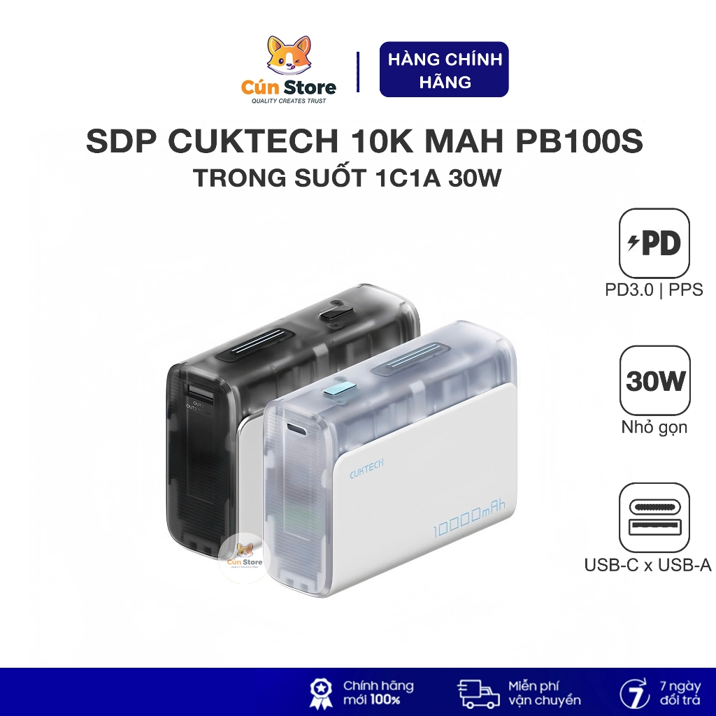 Sạc dự phòng Cuktech PB100S 10000mAh 30W trong suốt – 2 cổng 1C1A hỗ trợ PD3.0, PPS | Bảo hành 18thg