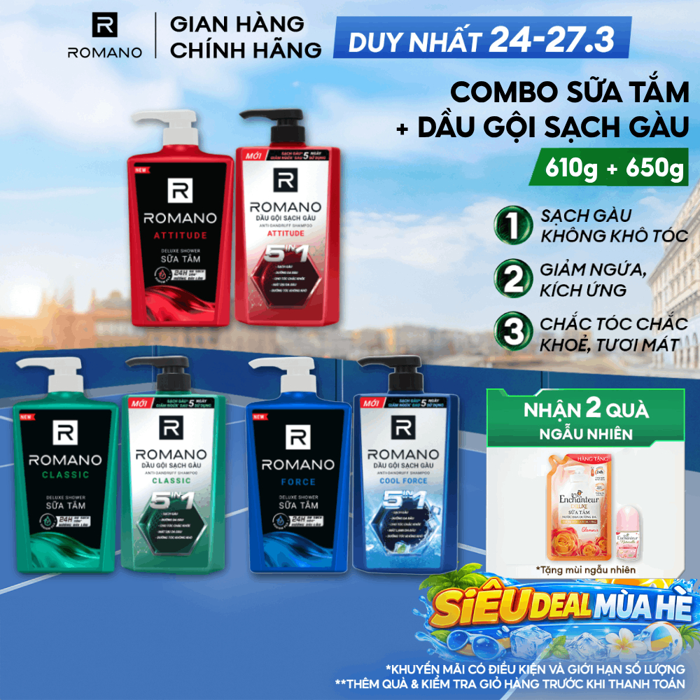 Combo Dầu gội nam sạch gàu 5in1 Romano hương nước hoa 610g+Sữa tắm hương nước hoa Romano 650g