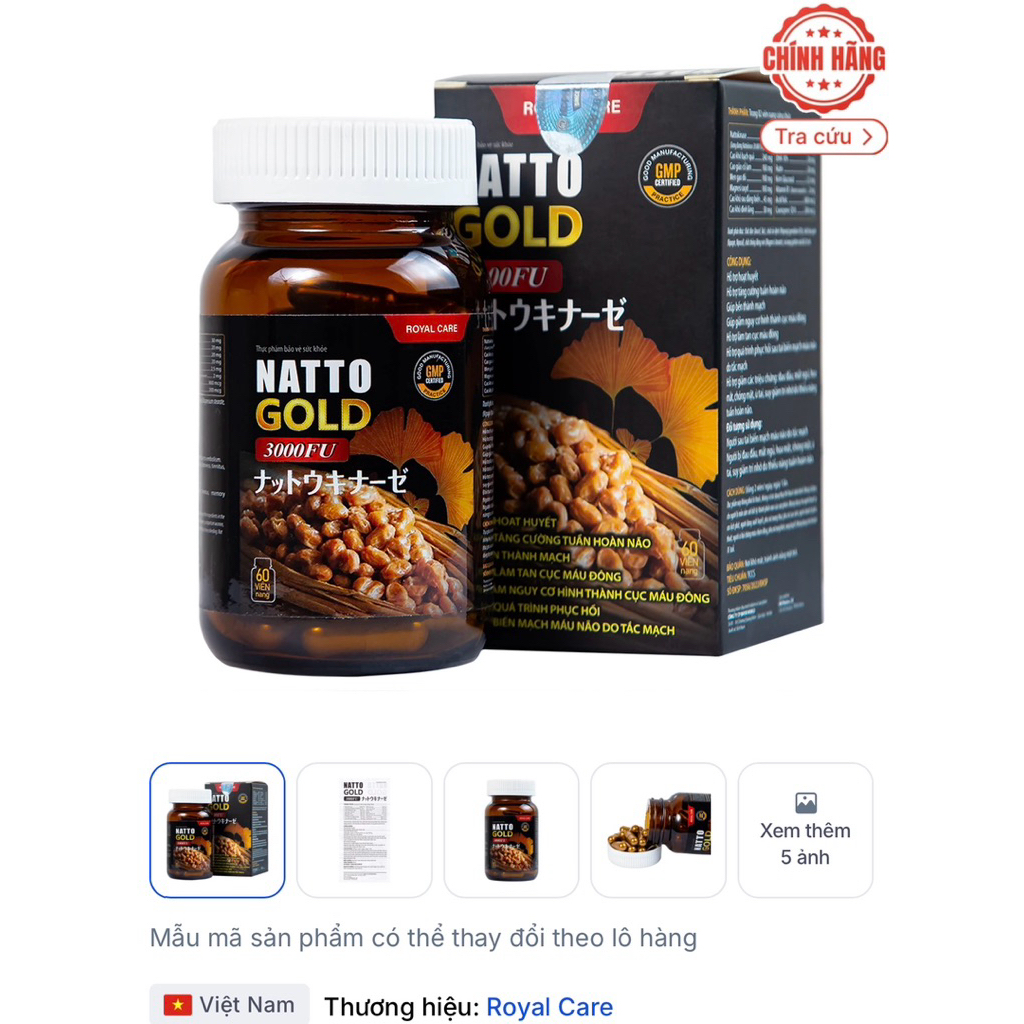 Viên uống hỗ trợ hoạt huyết, tăng cường tuần hoàn não Natto Gold 3000FU Royal Care (60 viên)