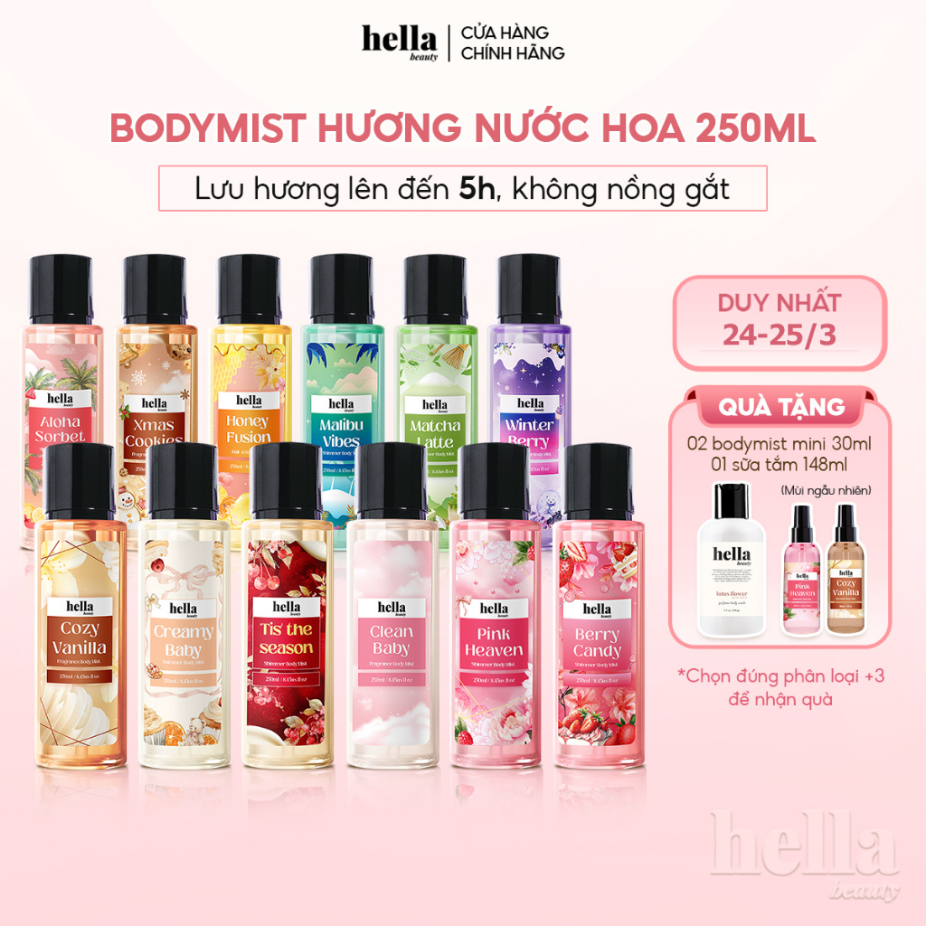Xịt thơm body mist hương nước hoa Hella Beauty 250ml lưu hương lâu, an toàn cho da nhạy cảm