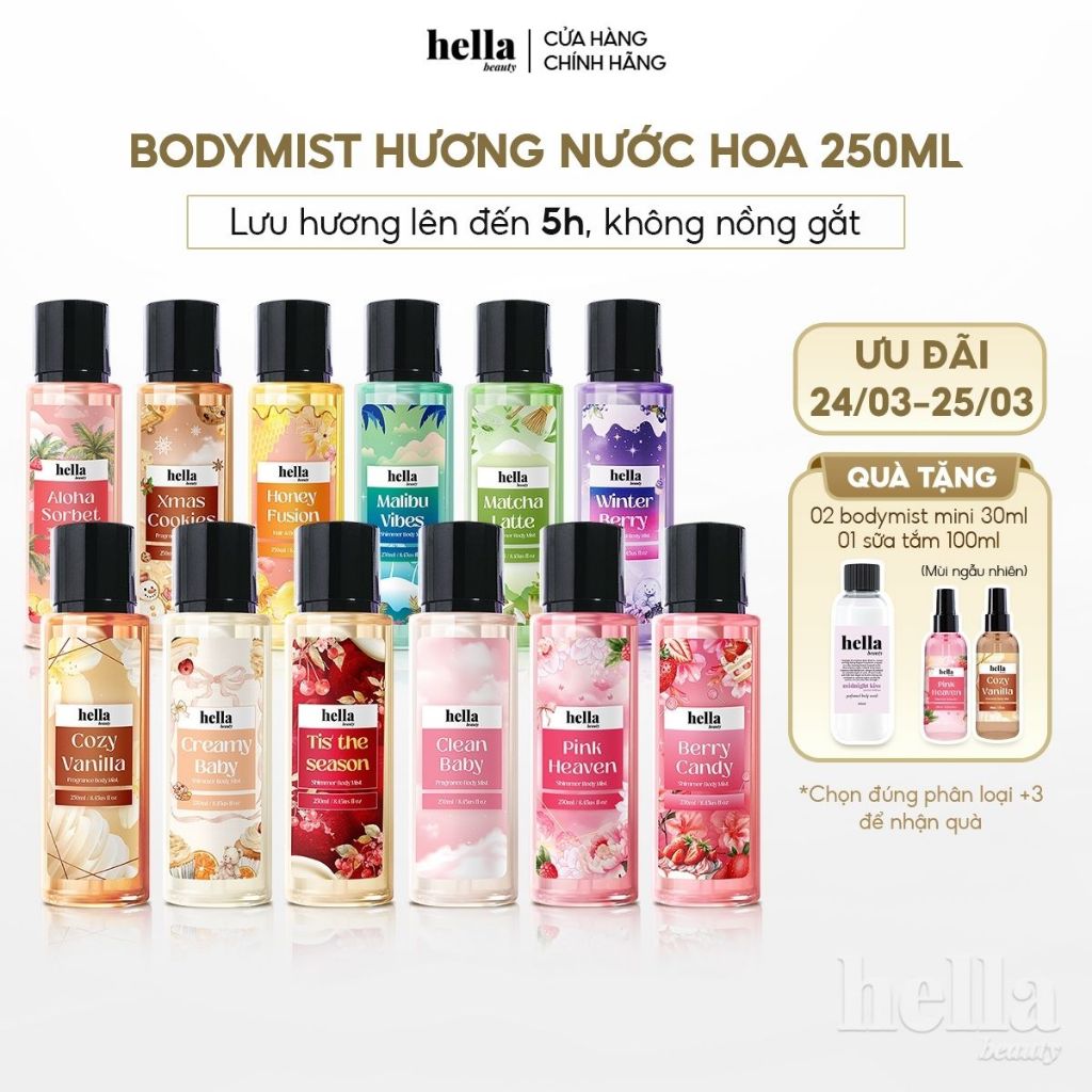 Xịt thơm body mist hương nước hoa Hella Beauty 250ml lưu hương lâu,an toàn cho da