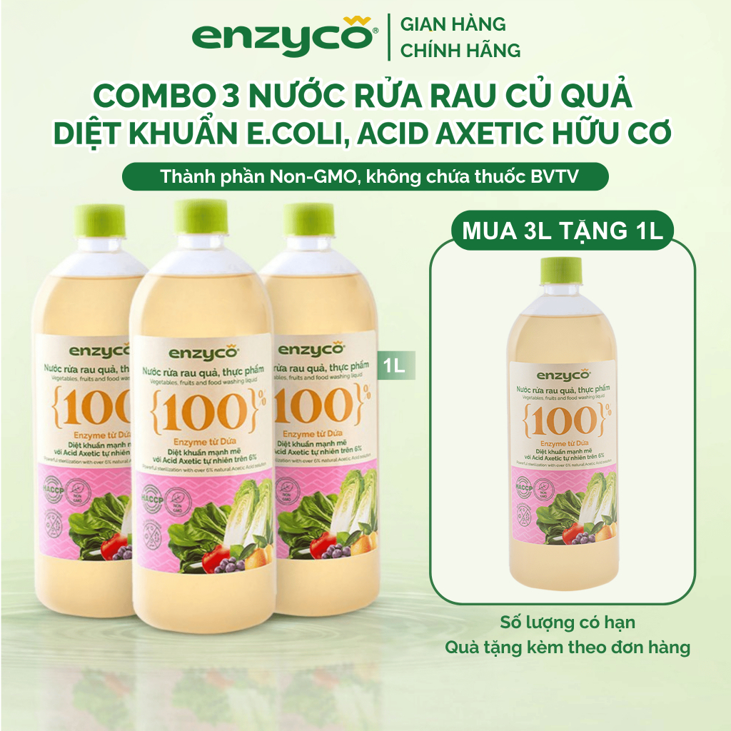 Combo 2 Nước Rửa Rau Quả Hữu Cơ Enzyco 1L Từ Dứa, Rửa Rau Cho Bé,Thực Phẩm, Diệt Khuẩn E.Coli