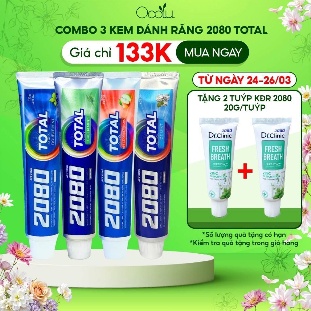 Combo 3 tuýp kem đánh răng 2080 Dental Clinic Total Hàn Quốc chăm sóc nướu, làm trắng, ngừa sâu răng
