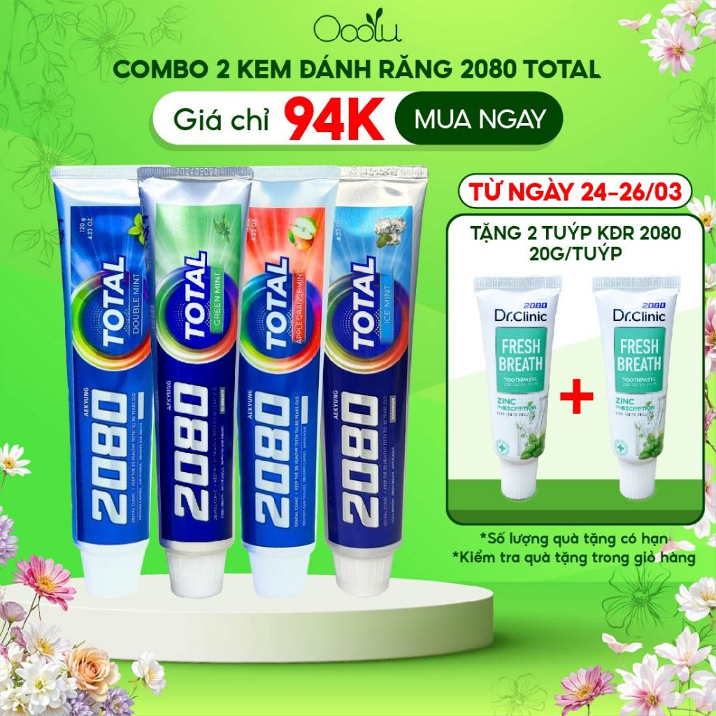 Combo 2 tuýp kem đánh răng 2080 Dental Clinic Total Hàn Quốc chăm sóc nướu, làm trắng, ngừa sâu răng