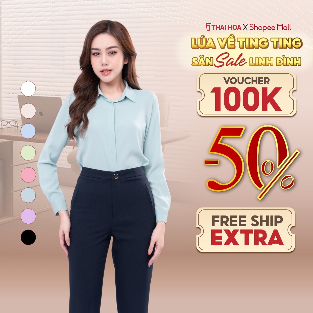 Áo sơ mi nữ ASW0101-R17 thiết kế dài tay sợi sen trơn form suông công sở Thái Hòa
