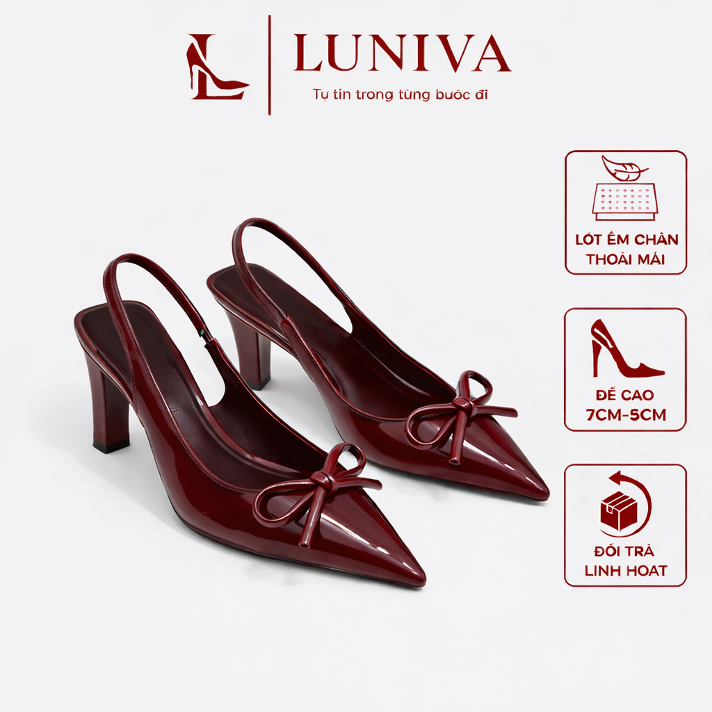 Giày sục cao gót nữ mũi nhọn LUNIVA cao 5cm, 7cm đính nơ trước da bóng sang trọng thanh lịch kiểu dáng thời trang A24