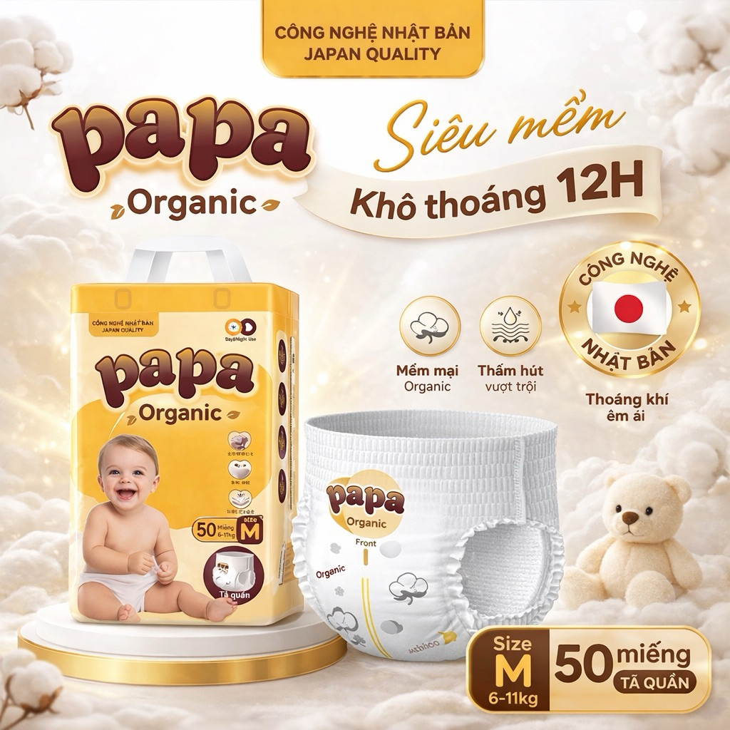 Tã Bỉm Papa Organic công nghệ Nhật Bản tặng quà Lớn đủ size từ S đến 6XL
