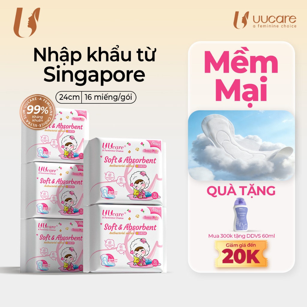 [Combo 5 gói] Băng Vệ Sinh UUcare Singapore Young Girl Kháng Khuẩn 24cm 16 Miếng