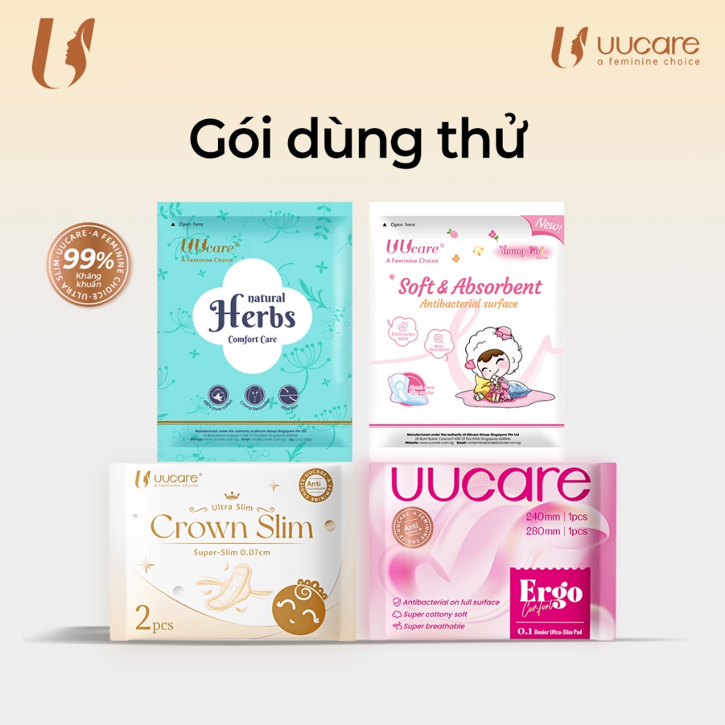 [Quà tặng không bán] Băng vệ sinh UUcare ERGO/Cool Tech/Herbs/Crown Slim Siêu thấm ban ngày và đêm (2 Miếng dùng thử)