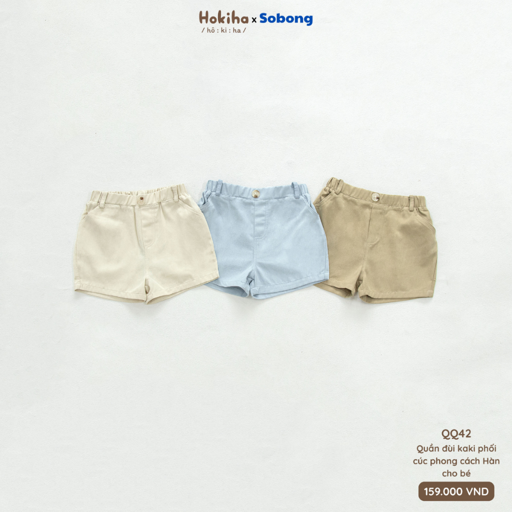 Quần đùi kaki phối cúc cho bé trai, bé gái phong cách Hàn Quốc Hokiha vải kaki mềm, thoáng mát size 