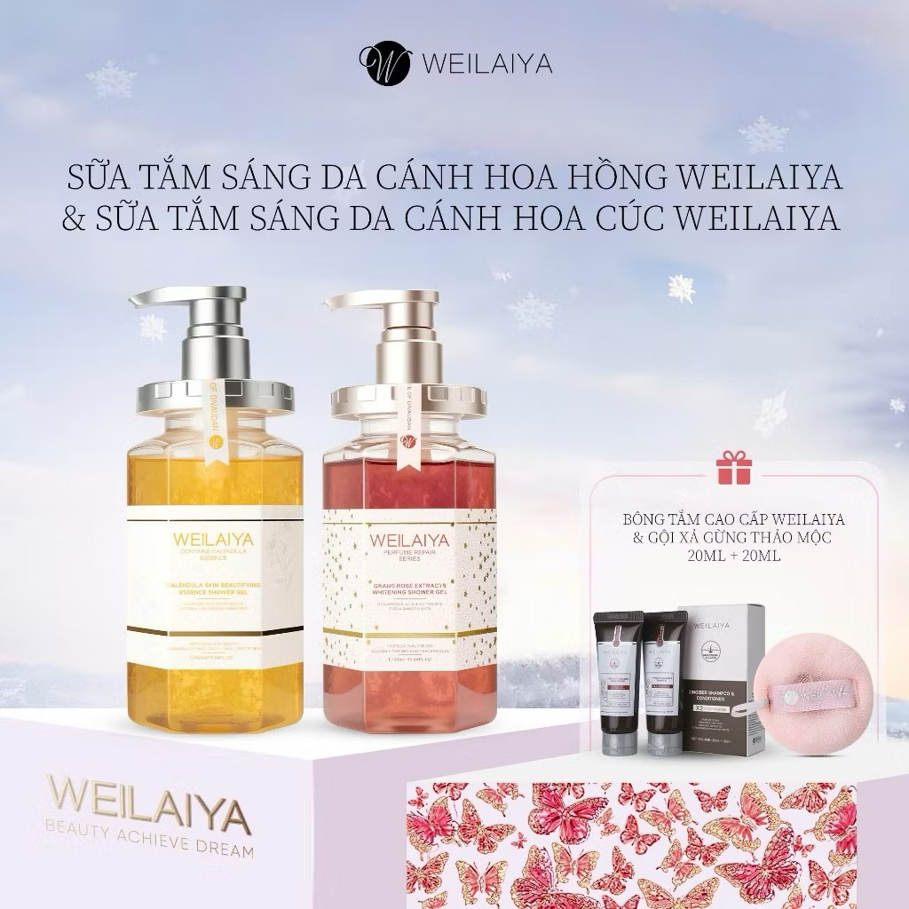 Set quà Sữa tắm trắng da cánh hoa hồng Damask 450ml và Sữa tắm trắng da, làm sạch da toàn thân Niacinamide WEILAIYA 450m