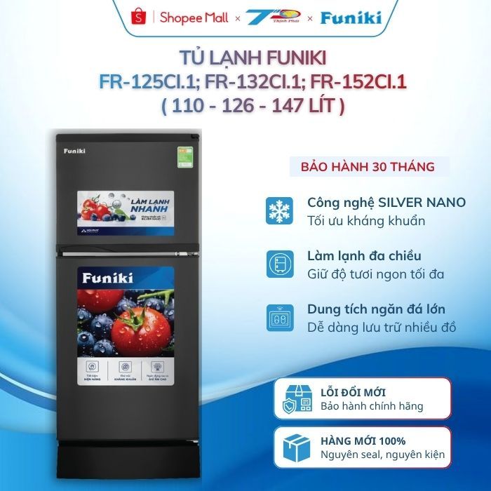 Tủ lạnh Funiki FR-125CI.1; FR-132CI.1; FR-152CI.1 (110L-126L-147L) màu ghi đen 2 cánh ngăn đá trên