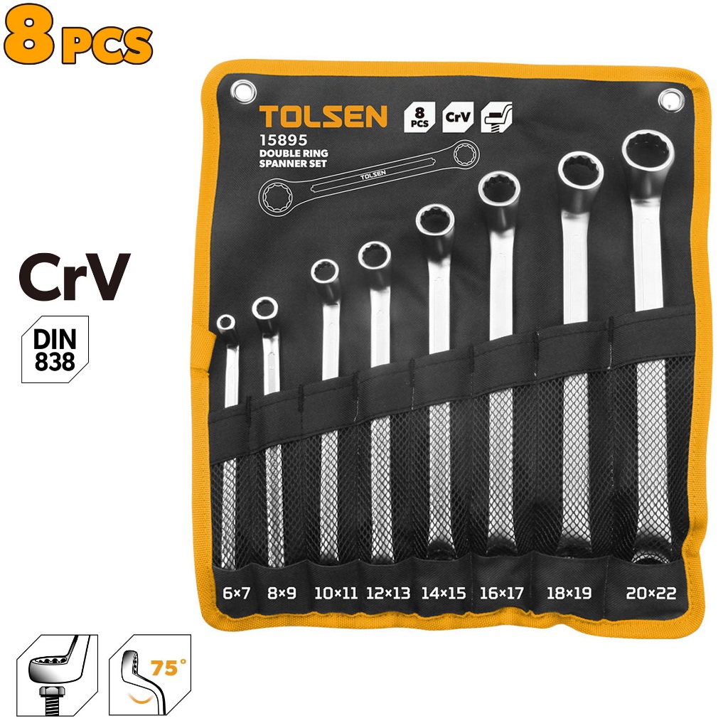 Bộ cờ lê 2 đầu vòng 8 chi tiết TOLSEN 15895 chính hãng, cờ lê vòng 2 đầu, thép CR-V, bộ cờ lê cơ khí