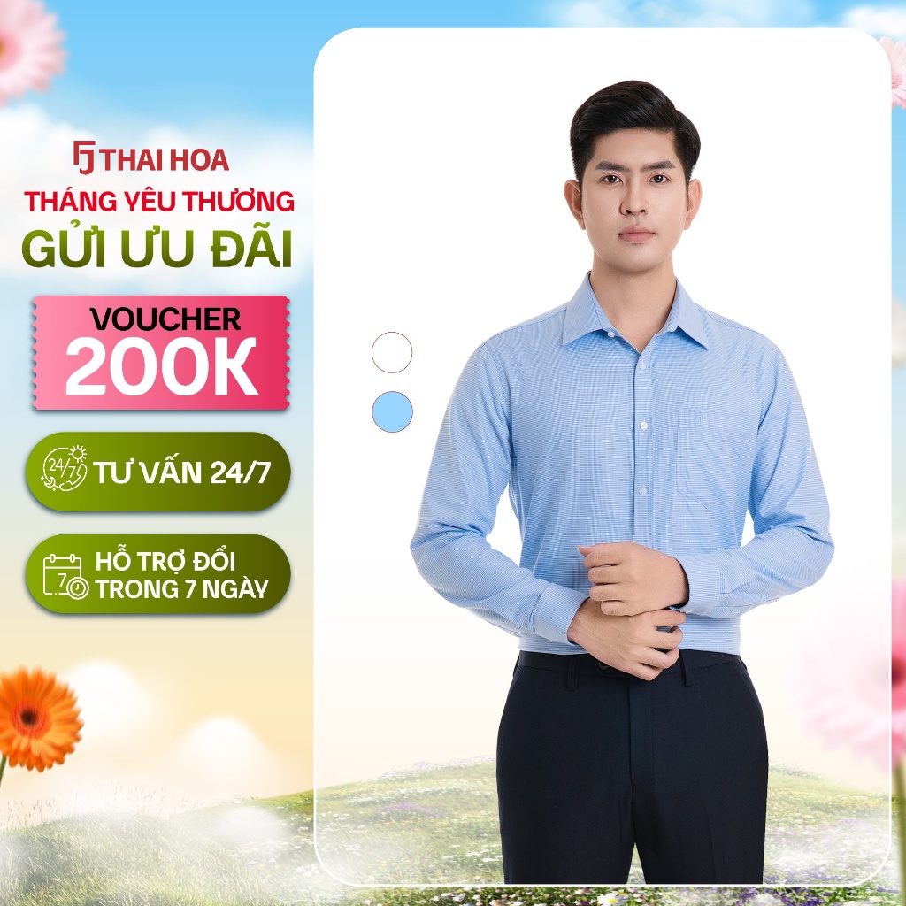 Áo sơ mi nam dài tay Thái Hòa chất liệu cotton vải kẻ nhuyễn thiết kế 2 màu trắng xanh 23ASM-994