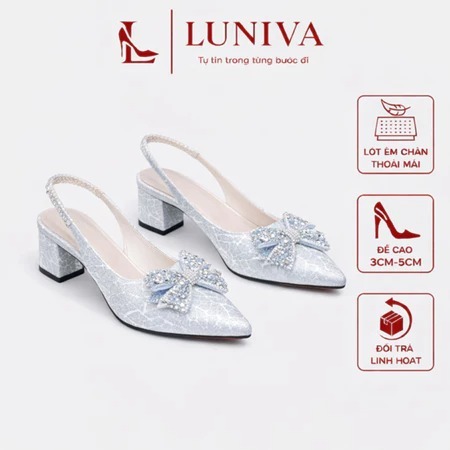 Giày cao gót quai hậu nữ LUNIVA mũi nhọn đính nơ đá lấp lánh cao 3cm-5cm dáng xinh sang chảnh đi êm thoải mái A21