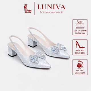 Giày cao gót quai hậu nữ LUNIVA mũi nhọn đính nơ đá lấp lánh cao 3cm-5cm dáng xinh sang chảnh đi êm thoải mái A21