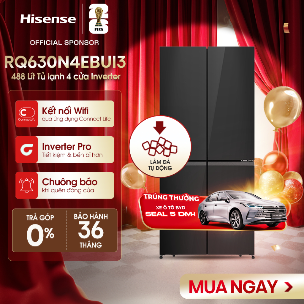 |Vận chuyển 0Đ| Tủ lạnh 4 cửa Hisense Inverter 488 Lít RQ630N4EBUI3 Làm đá tự động