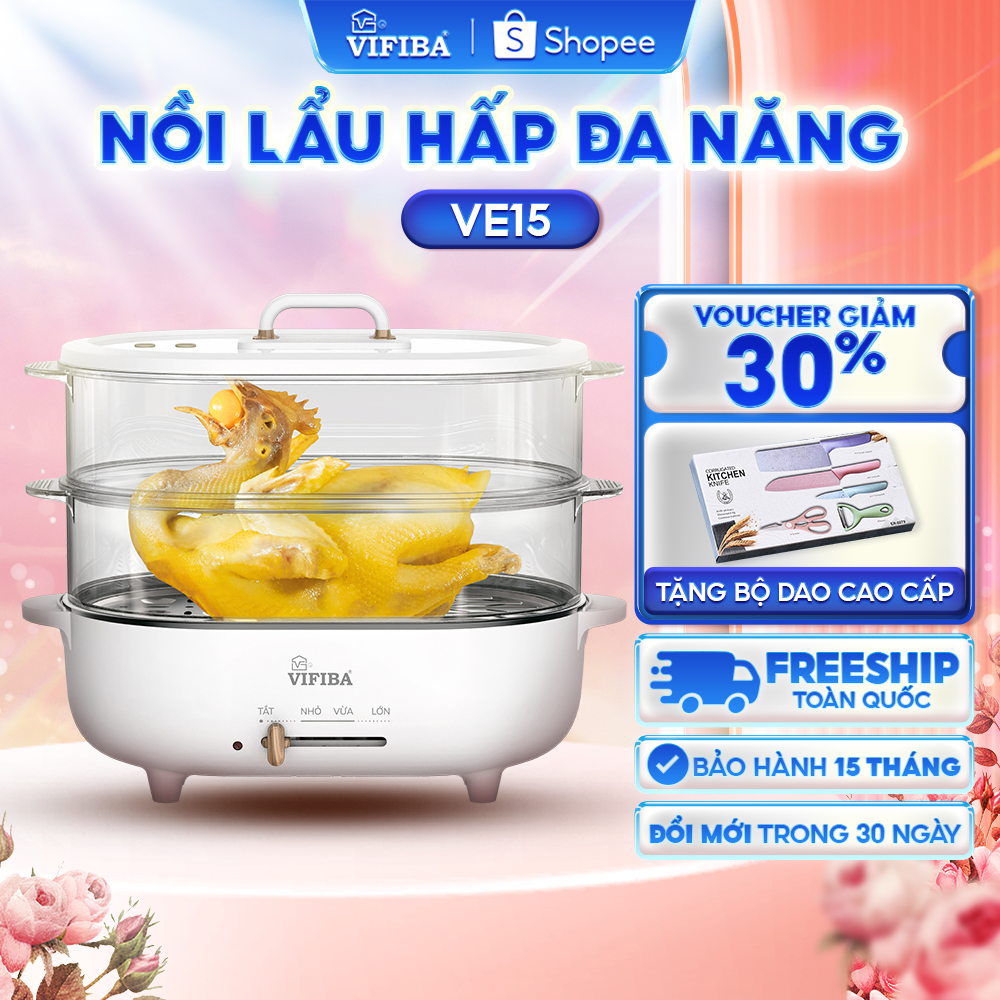 Nồi lẩu hấp điện đa năng chính hãng Kachi Vifiba VE15 dung tích 15L, công suất 1000W, bảo hành 15 tháng
