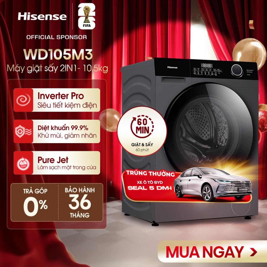 Máy giặt sấy Hisense Inverter WD105M3 Giặt 10.5 kg - Sấy 7 kg, Giặt AI thông minh, Đa dạng tiện ích