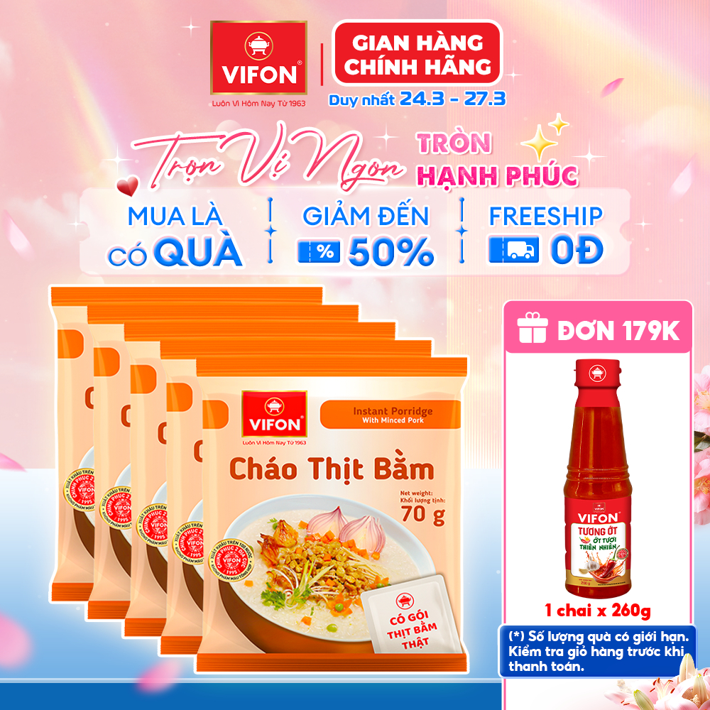Set 5 Gói Cháo Thịt Gà/Bằm/Cháo Sườn/Nấm Đông Cô/Trứng Muối/Thịt Bò VIFON - Thịt Thật 70g/Gói