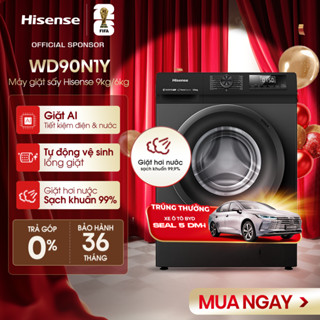 Máy giặt sấy Hisense 9Kg/6Kg WD90N1Y, Giặt & Sấy 60', Bảo hành 3 năm