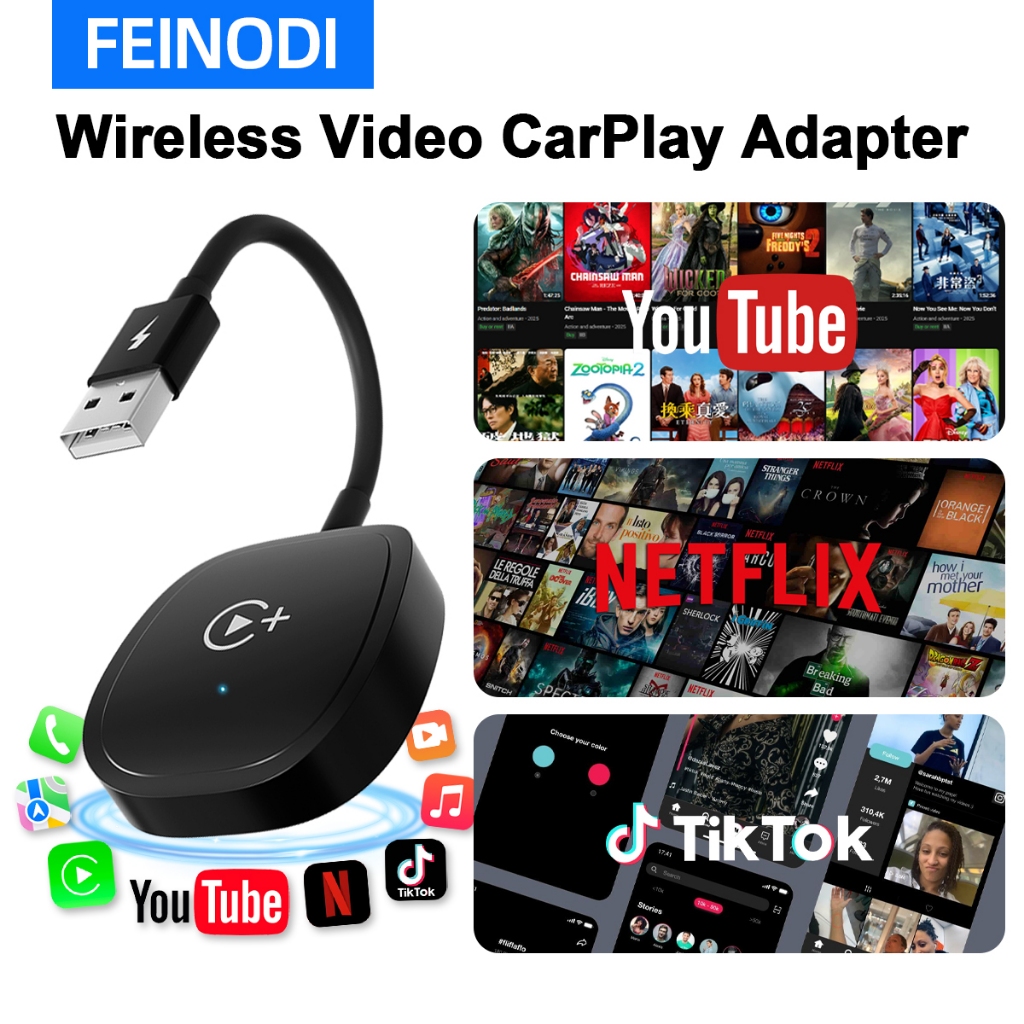 FEINODI Bộ chuyển đổi không dây Android Auto trên ô tô, hỗ trợ xem YouTube/Netflix/TK trên ô tô